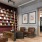 clubhouse library with modern seating and a ladder for accessing books